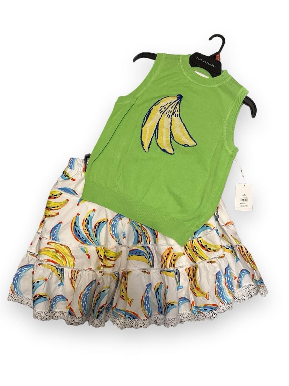 2 Piece Set! Lime Green Banana Graphic Knit Tank with Printed Banana Skirt